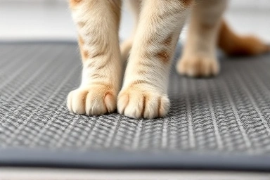 Cat paws on litter mat, trapping litter particles, textured surface.
